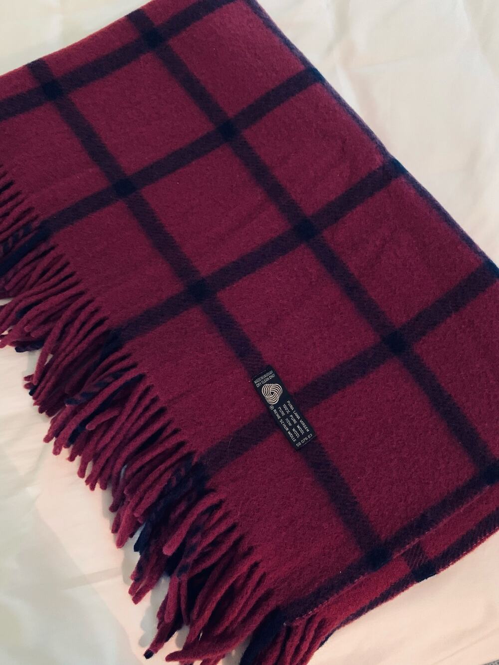 Vintage Uruguay 100% Wool Blanket Throw Fuchsia Navy Windowpane Plaid Cottage
